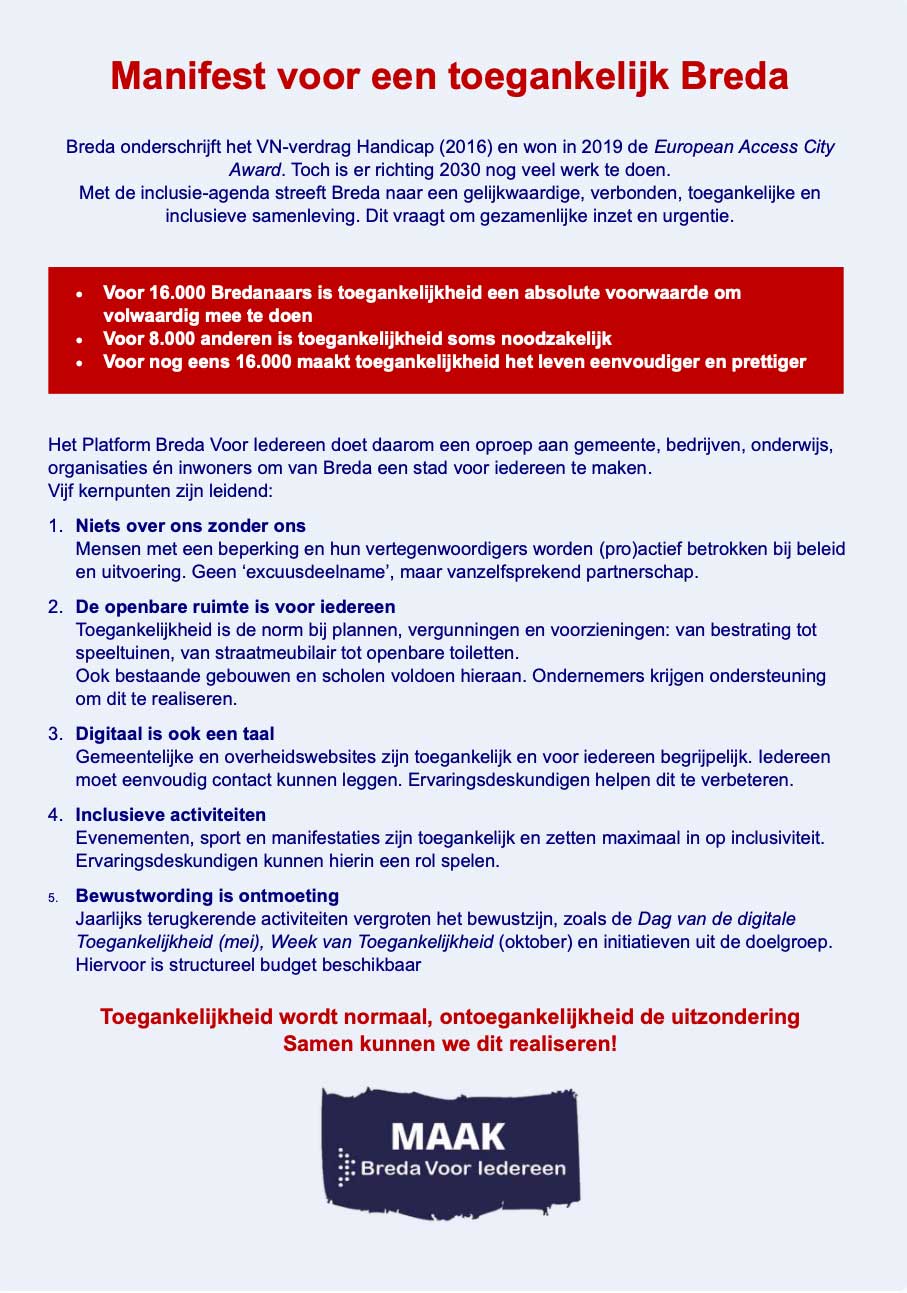 Afbeelding van het manifest Breda van en voor iedereen, met hierin 10 punten voor de verkiezingsprogramma's en het nieuwe bestuursakkoord 2022 2026